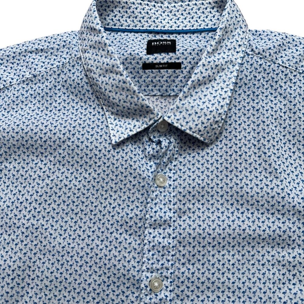 Hugo Boss Shirt Mens 2XL Long Sleeve Slim Fit Geometric Flamingo Print Blue